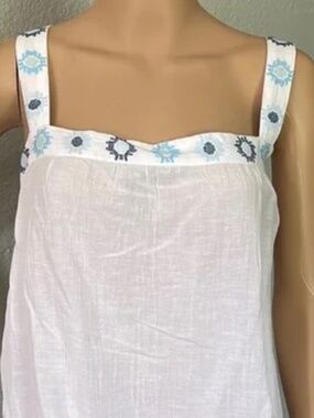 Lightweight White Linen Tank Top with Blue Embroidered Trim